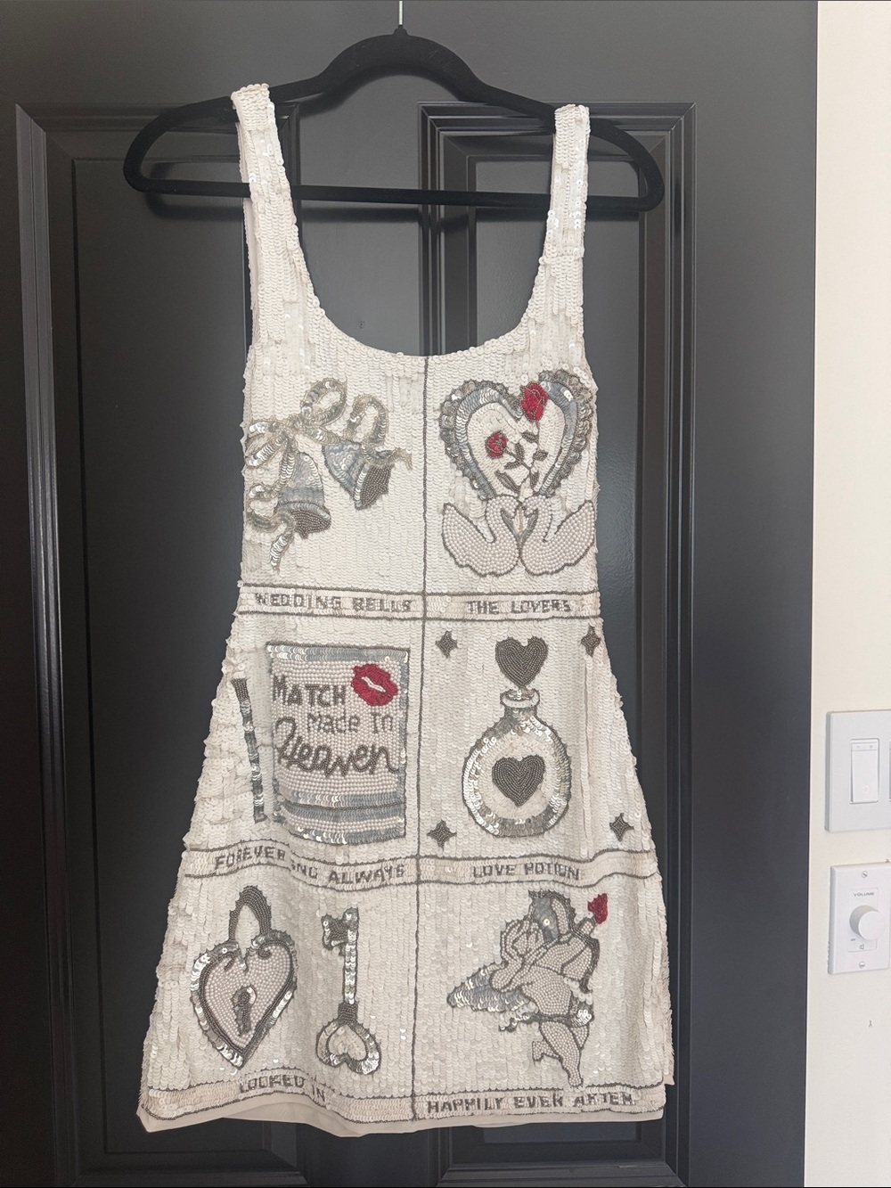 Sequin Embellished Ivory Graphic Panel Mini Dress